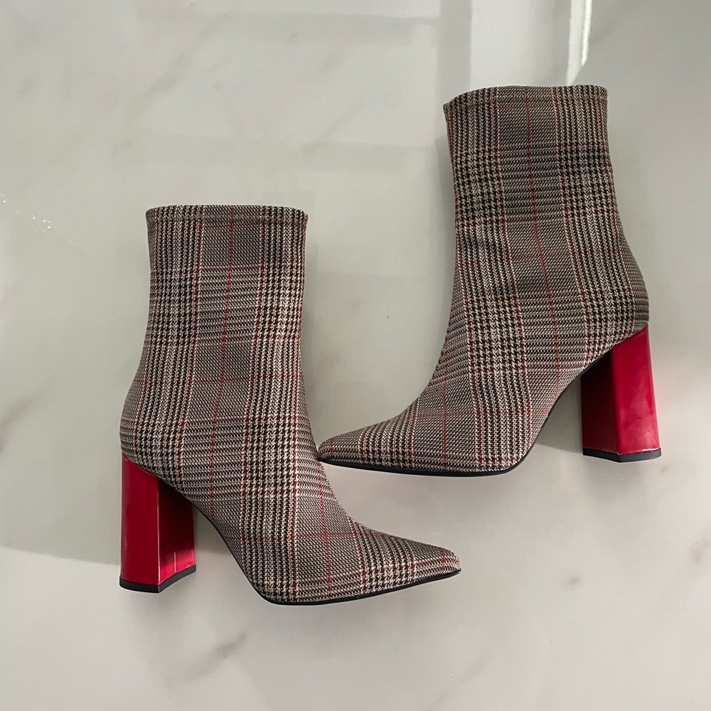 Jeffrey Campbell Plaid Heeled Boots with Red Accents